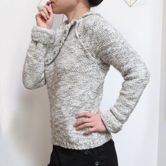 Y2K Cloud Grey/Ivory Marl Knit Sweater w/ Asymmetric Side Button Detail, Fitted - Picture 3 of 8